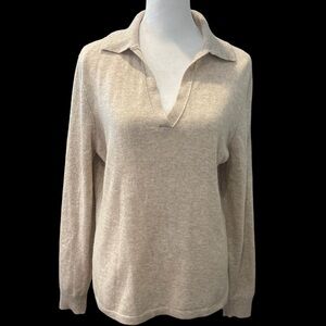 J MCLAUGHLIN ALYCE CASHMERE SWEATER V NECK POLO COLLAR NEUTRAL BEIGE  Sz L